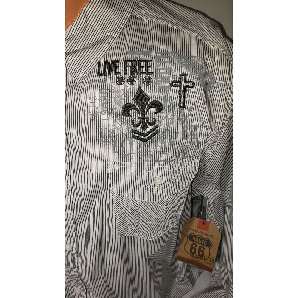 Men's Black & White Pinstripe Shirt  XL Route 66  Live Free Truth Cotton New